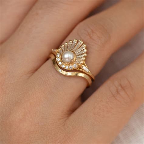Diamond Seashell Ring Set With Freshwater Pearl Örhängen Halsband Ring