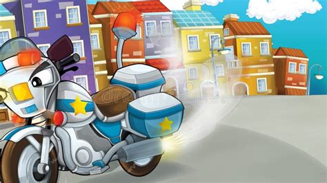 Cartoon Scene With Police Motorcycle Driving Through The City Policeman