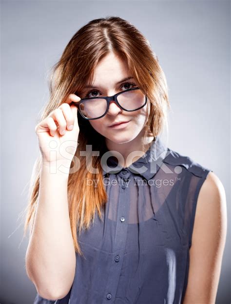 Strict Serious Young Woman Holding Nerd Glasses Stock Photo Royalty