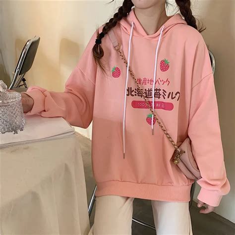 2019 Autumn Cute Womens Strawberry Japanese Print Hoodies Long Sleeve Hooded Sweatshirt Sweet