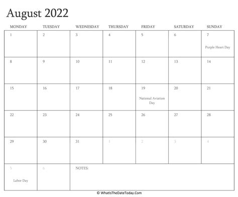 United States August 2022 Calendar With Holidays August 2022 With