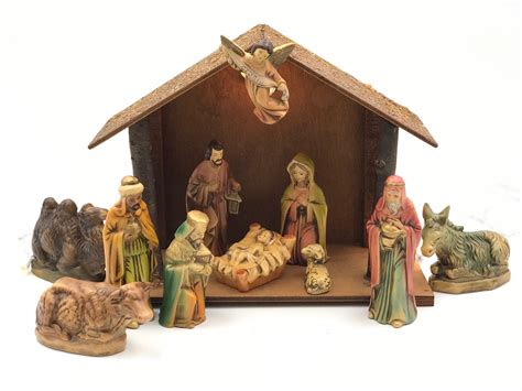 Vintage Nativity Set With Wooden Crèche Hand Painted Figurines Made In