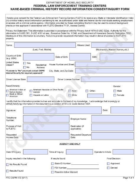 Form Ftc Cspr 17z Federal Law Enforcement Training Centers Name Based