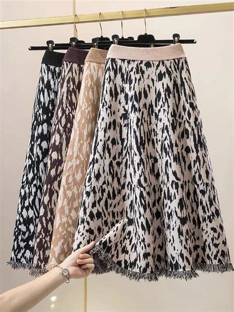 Tigena Vintage Leopard Print Long Knitted Skirt Women Fall Winter