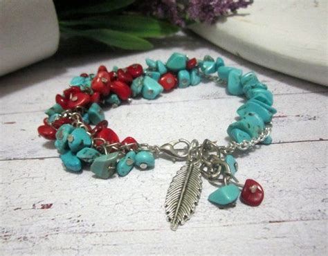 Turquoise And Coral Bracelet Silver Feather Bracelet Gemstone Chip