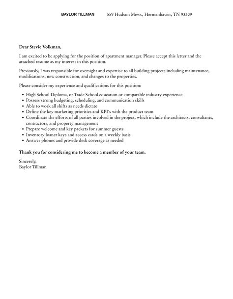 Apartment Manager Cover Letter Velvet Jobs