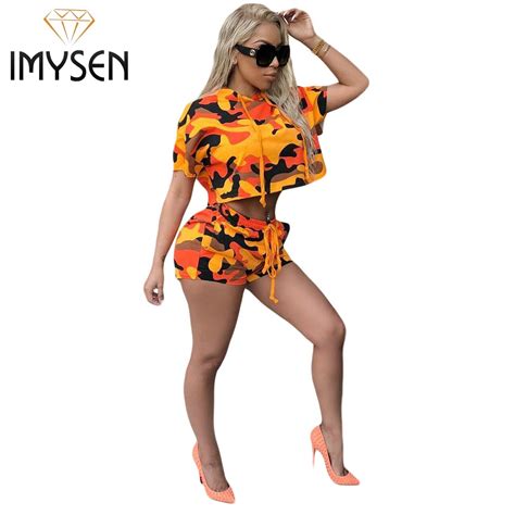 imysen 2018 casual tracksuit women camouflage printing two piece sets crop top shorts outfit
