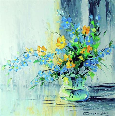 A Bouquet Of Yellow Blue Flowers In A Vase Painting By Olha Darchuk