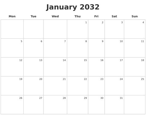 January 2032 Make A Calendar