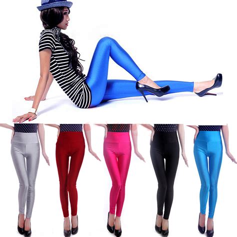 womens high waist stretch skinny shiny spandex leggings pants slim fit tights ebay