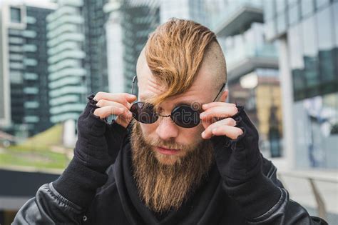 Stylish Bearded Man Posing In The Street Stock Image Image Of Goth