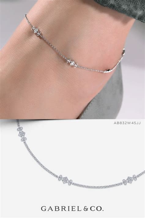 14k White Gold Ankle Bracelet With Swirly Diamond Stations Ankle