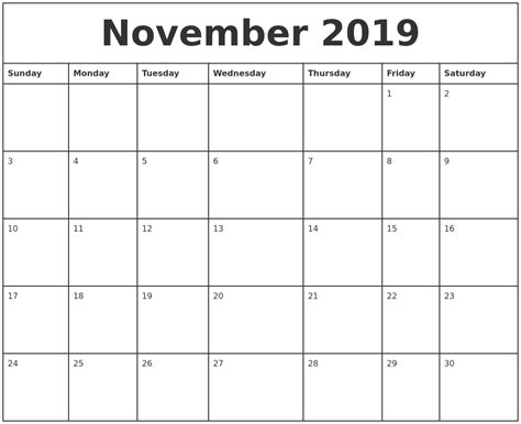 November 2019 Printable Monthly Calendar