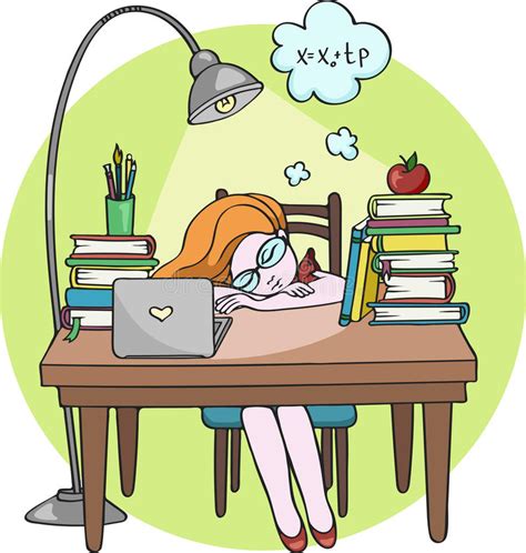 Smart Girl Studying At Night Sleeping On The Desk With Books Vector