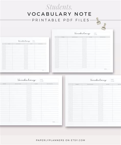 Students Voca Note Template Printable Note Inserts Etsy Vocabulary
