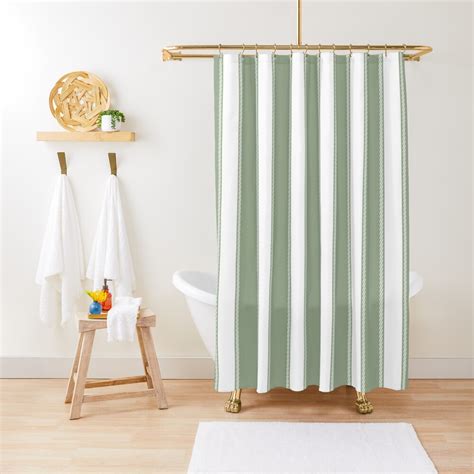 Elegant Sage Green And White Striped Shower Curtain For Sale By