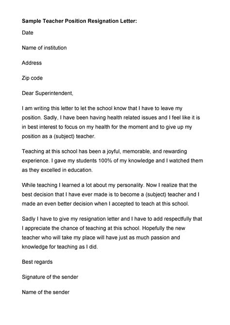 Personal Reason Teacher Resignation Letter To Principal Or