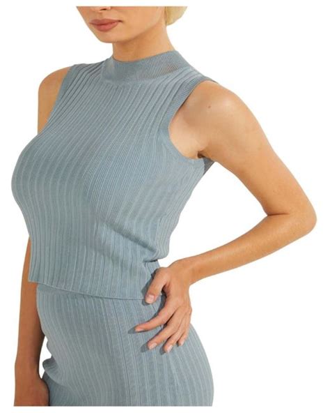 Guess Ribbed Knit Sleeveless Mock Turtleneck Sweater In Blue Lyst