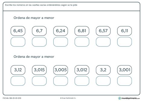 Ficha De Ordenar Números Con Decimales Para Primaria Mundo Primaria