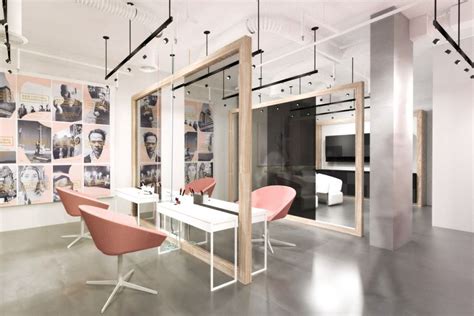 Peach Colored Chairs And Grey Wall For Superb Hair Salon