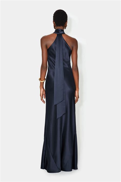 Designer Asymmetrical Halter Neckline Midnight Blue Bias Cut Dress Luxury Eveningwear Dress