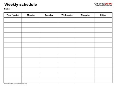 Monday To Friday Timetable Template Calendar Template Printable