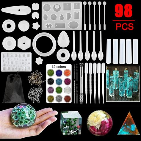 98 Pcs Epoxy Resin Silicone Jewelry Molds Tools Set With Glitter Powder