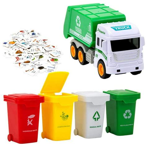 Garbage Truck Toy Waste Management Recycling 4 Set Trash Toy With Cans