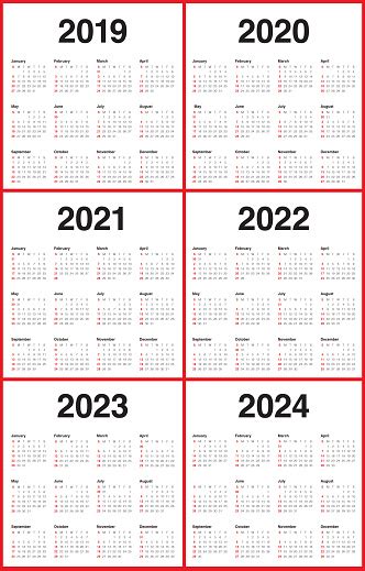 Year 2019 2020 2021 2022 2023 2024 Calendar Vector Design Template
