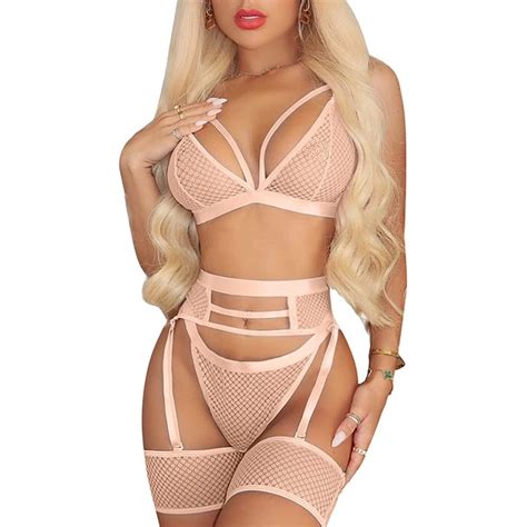 Popiv Women Sexy Lingerie Strappy Lace Garter Lingerie Sets High
