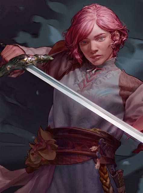 A Woman With Pink Hair Holding Two Swords