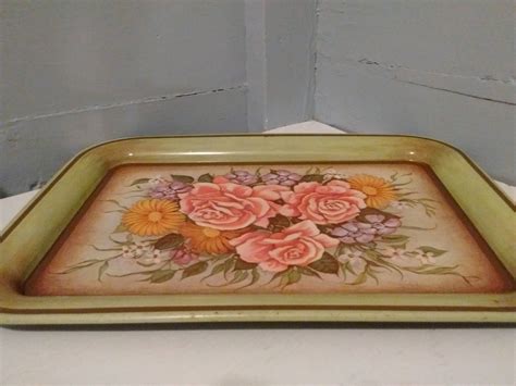 Vintage Metal Serving Tray Floral Green Decorative Tray Shabby Chic