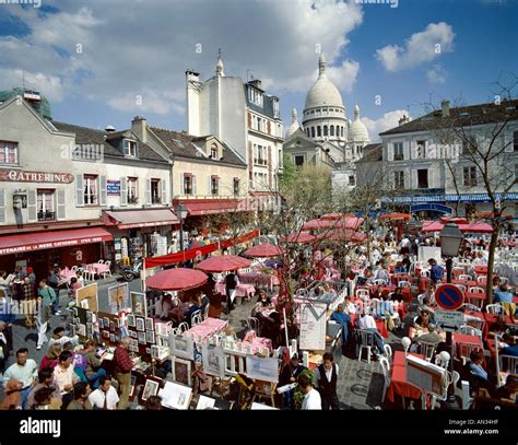 Sacre Coeur And Place Du Tertre And Outdoor Cafes Paris France Stock