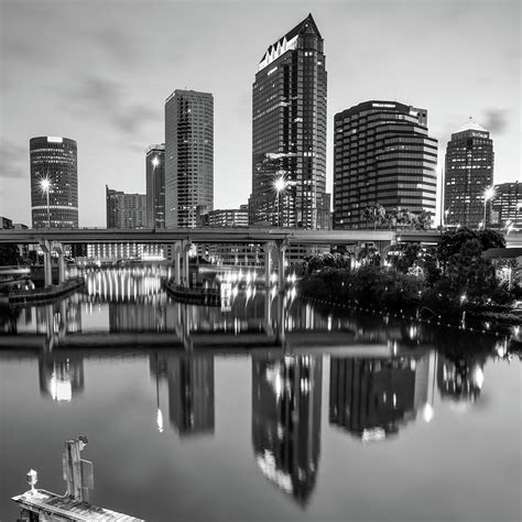 Tampa Skyline At Dawn Over The Riverwalk In Monochrome 1x1 Photograph