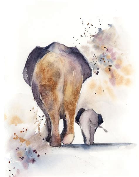 Elephants Art Print Elephant Watercolor Painting Mother And Etsy