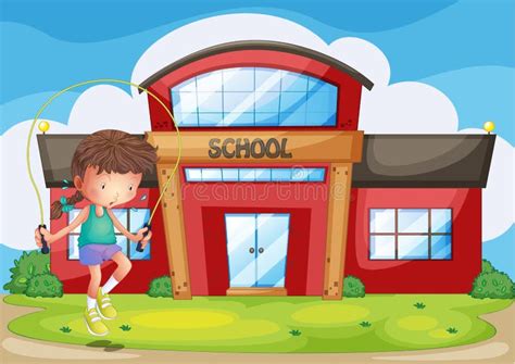 A Girl Playing In Front Of The School Stock Vector Illustration Of