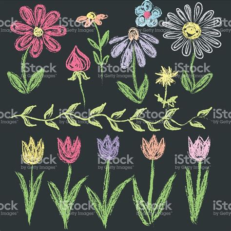 Chalkboard Doodle Flowers In Various Colors Royalty Free Stock Vector