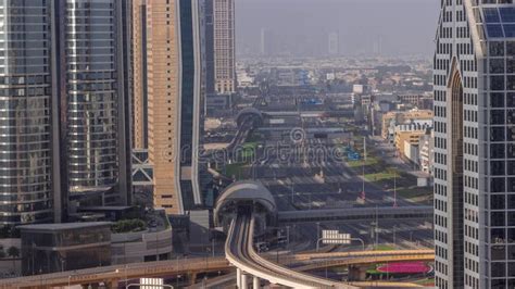 Busy Sheikh Zayed Road Aerial Timelapse Metro Railway And Modern