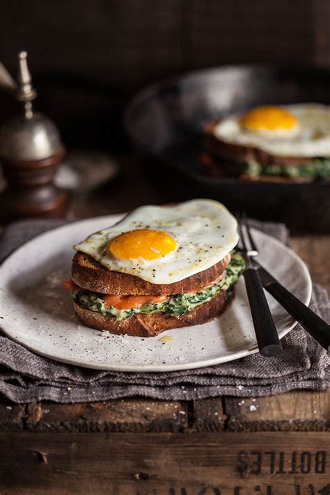 Croque Madame With Spinach And Smoked Salmon Drizzle And Dip