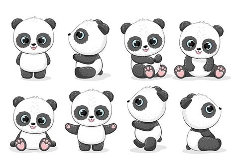 A Set Of Cartoon Pandas With Different Poses And Expressions All In