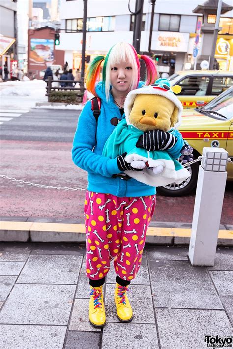Rainbow Hair Tongue Piercings Yellow Boots And Plush Chick In Harajuku