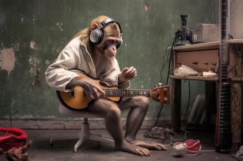 Premium Ai Image Monkey Playing Guitar While Wearing Headphones