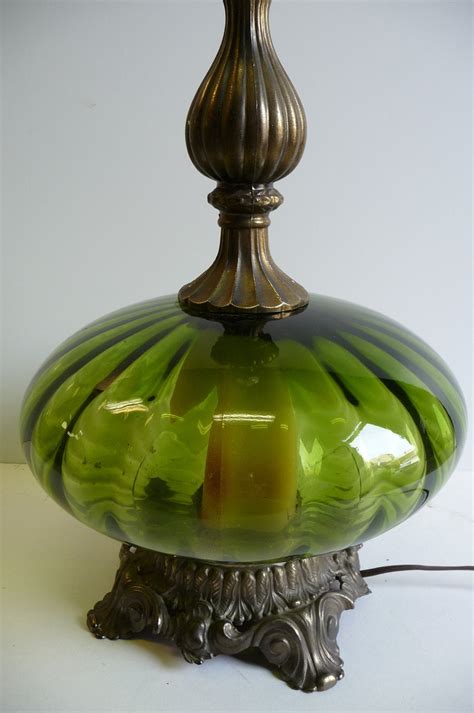 Vintage Lamp Green Glass Ornate Metal Pear Shaped With Light