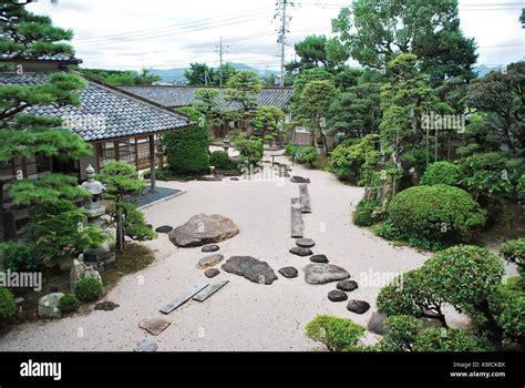 Top Down View Of Traditional Japanese Garden Layout In Japan Stock