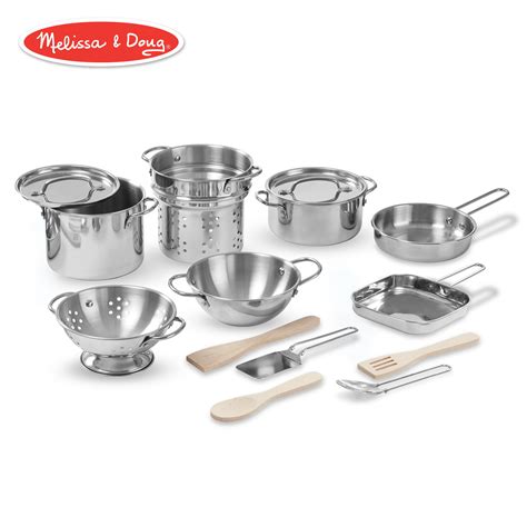 Melissa And Doug Deluxe Stainless Steel Pots And Pans Play Set Pretend