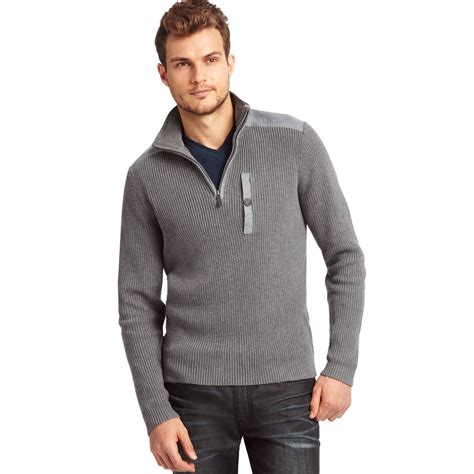 Kenneth Cole Long Sleeve Half Zipper Mock Neck Sweater In Gray For Men