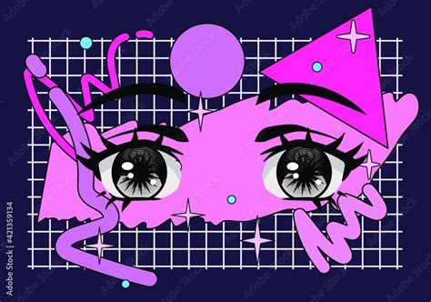 Face With Big Cartoon Anime Eyes Vaporwave And Retrowave Style Print