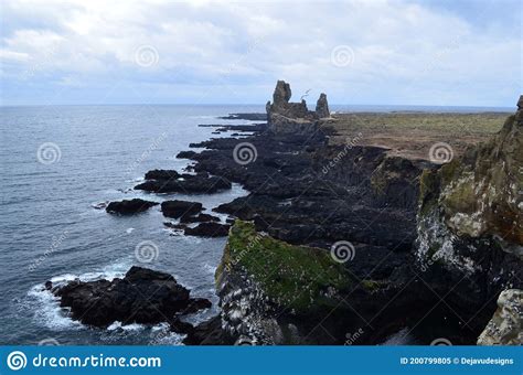 Londrangar Lava Rock Formation Along Coastal Iceland Stock Image