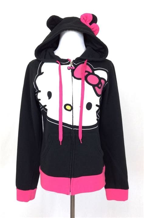 Sanrio Hello Kitty Womens L Hoodie Zip Up Sweatshirt Jacket Black Pink
