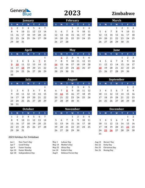 2023 Zimbabwe Calendar With Holidays